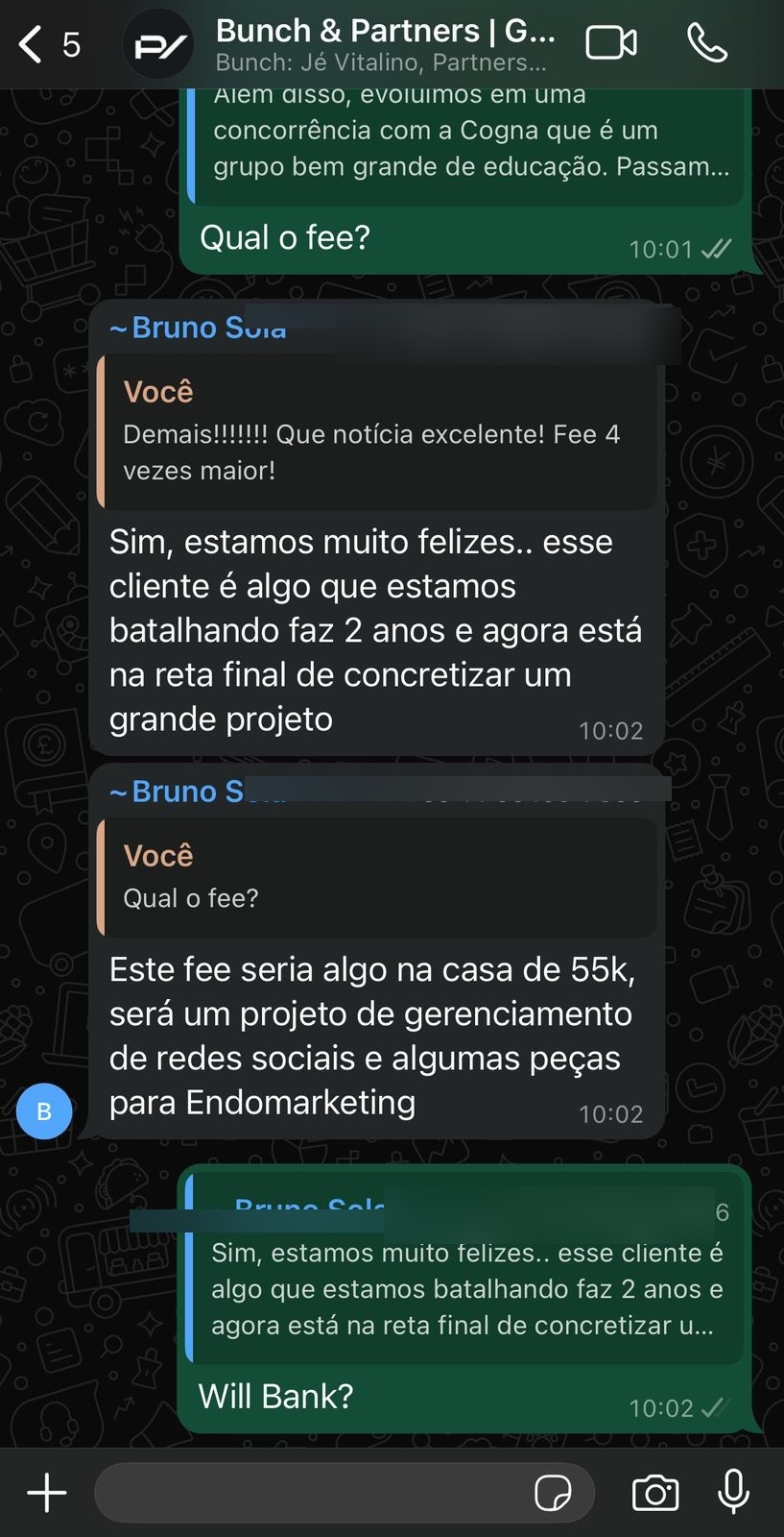 Bunch & Partners — fee 4× maior, projeto R$55k/mês